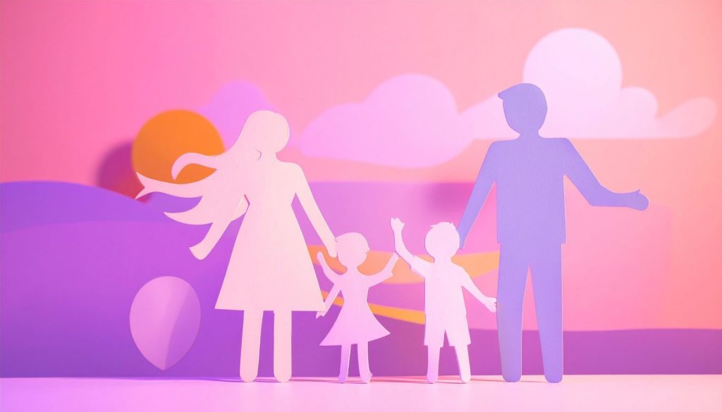 Paper cutouts of a nuclear family with a pink-purple paper cutout background.