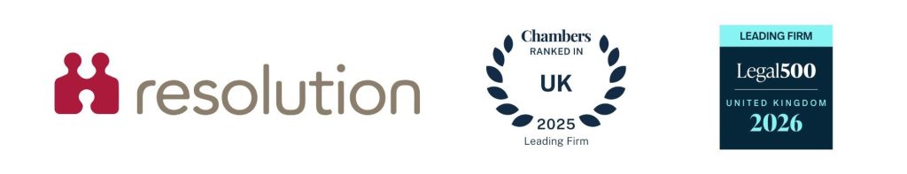 Chambers 2026, Legal 500 2025, and Resolution accreditation banner.