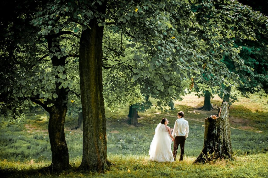 A bride and groom in a sunny woods together.