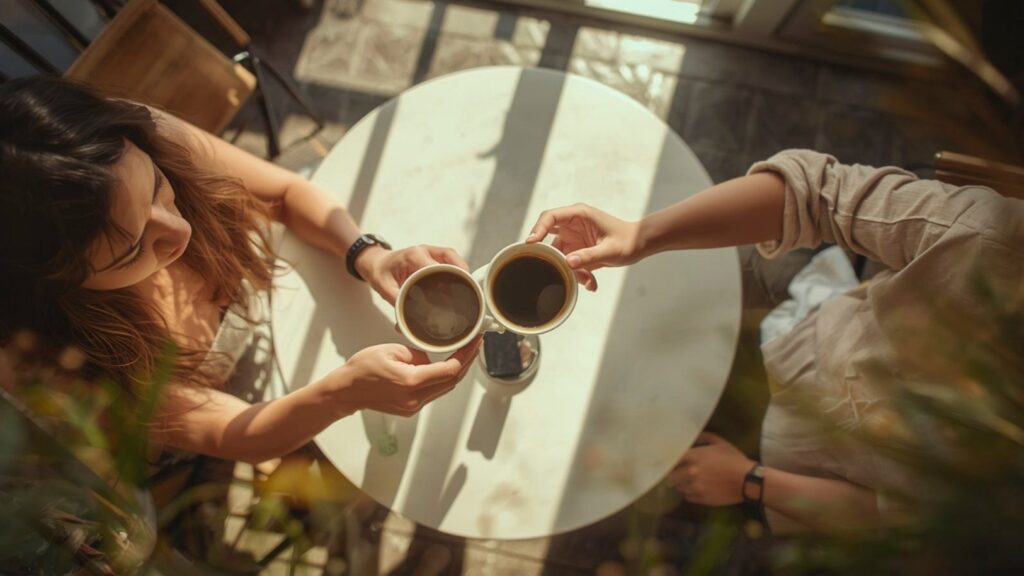 A birds-eye view of a table with two women sitting at either side, clinking cups of coffee together.