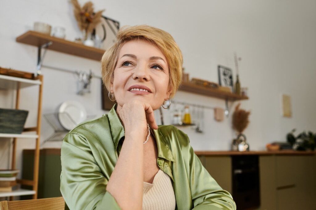 An older woman in her home, grinning thoughtfully as she looks over the camera.